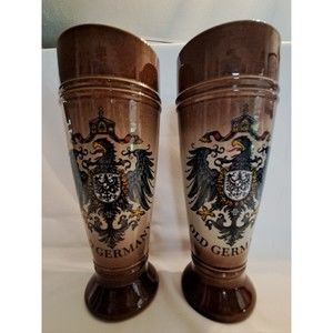 2 Deutschland Pottery Beer Glass King W Germany Stoneware Tall Glass 9" tall